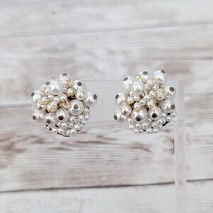 Vintage Clip On Earrings Statement Faux Pearl Cluster